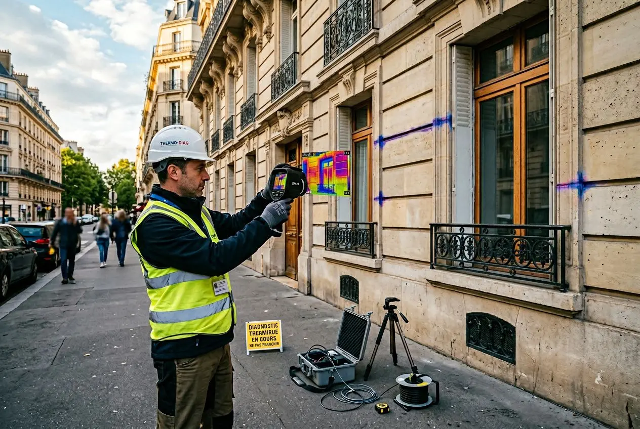 Agent en chantier effectuant une inspection thermique sur façade haussmannienne, avec caméra thermique et matériel de mesure.