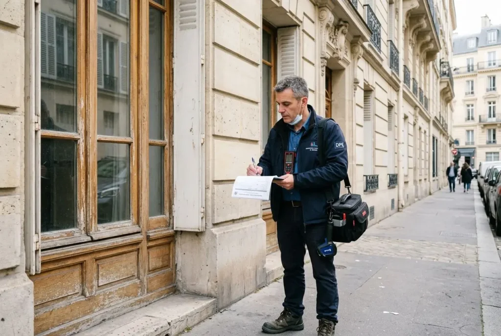 Agent en DPE individuel rédigeant un rapport devant une façade d’immeuble parisien, avec sac et appareil de mesure.