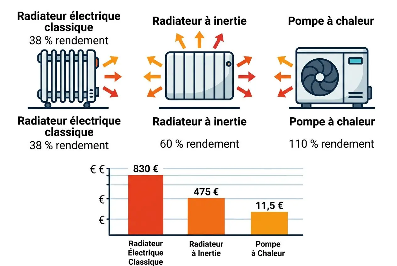 Améliorer dpe appartement ancien: illustration des radiateurs électriques classiques, radiateur à inertie et pompe à chaleur avec rendements et coûts, et comparaison des dépenses.