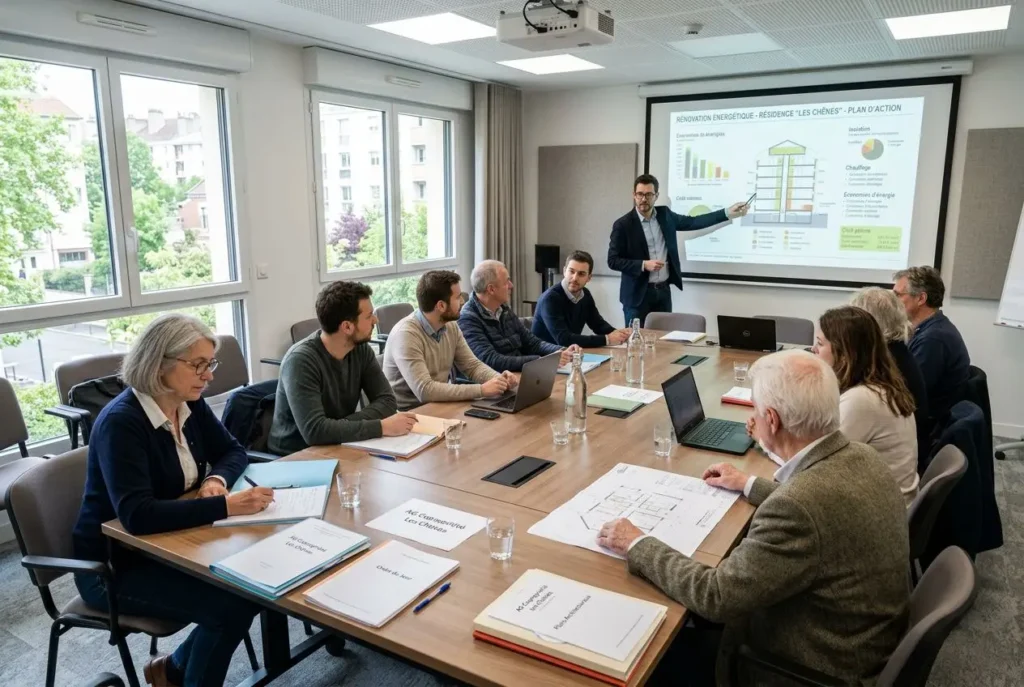 Assemblée générale de copropriétaires discutant du plan pluriannuel