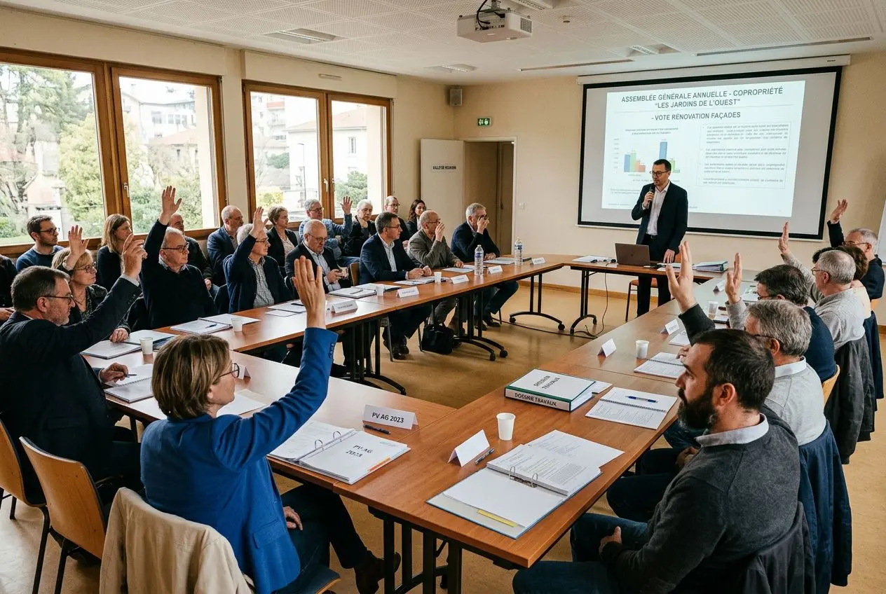 Assemblée générale de copropriétaires votant des travaux