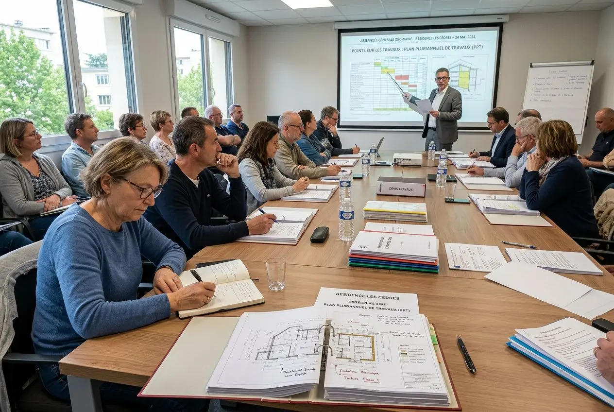Assemblée générale copropriété discutant du plan pluriannuel