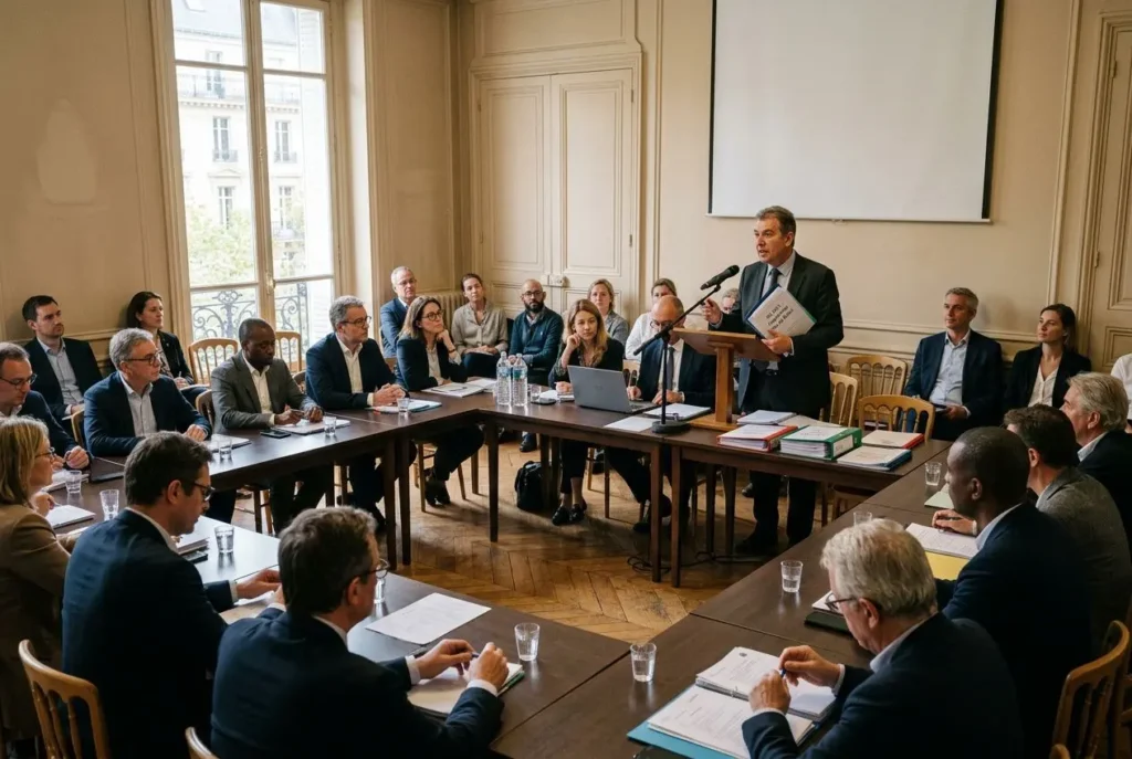 Assemblée générale en copropriété avec un orateur debout à une tribune, entouré de copropriétaires et de professionnels autour d’une grande table, prise lors d’une réunion. quorum assemblée générale copropriété vote