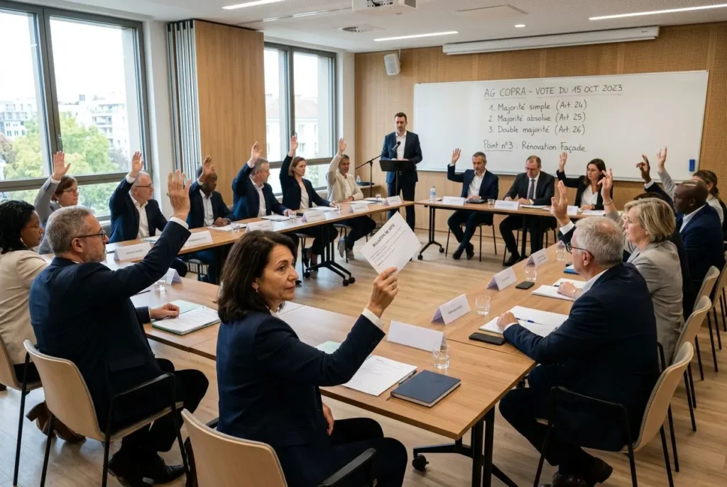 Assemblée générale de copropriété en séance; plusieurs habitants lèvent la main pour voter, autour d'une grande table avec un tableau blanc et le présentateur au micro. vote travaux copropriété inclut.