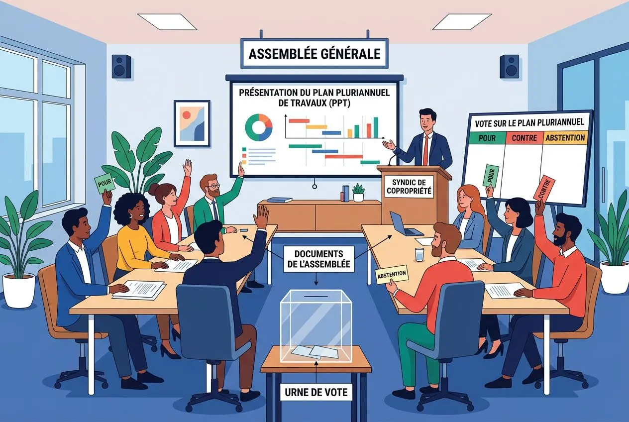 Assemblée générale en séance: présentation du plan pluriannuel de travaux, urne de vote et documents à l’appui pour le vote en copropriété. plan travaux copropriété étapes pratiques inclus.