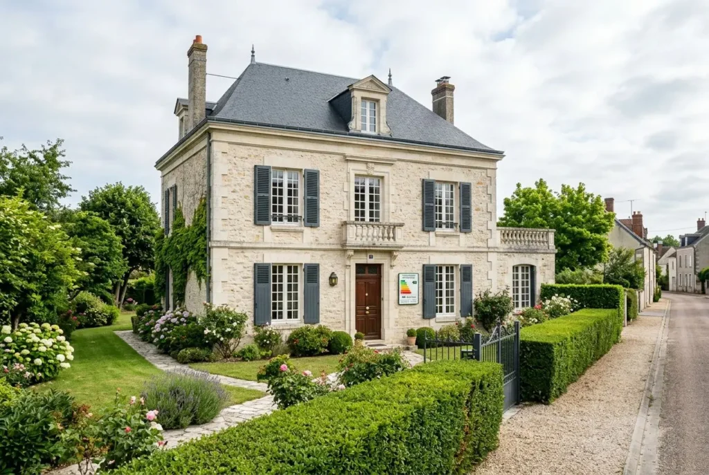 Belle maison de style traditionnel en pierre avec volets bleus, jardin soigné et pancarte DPE présente près de l’entrée. dpe maison 100m2