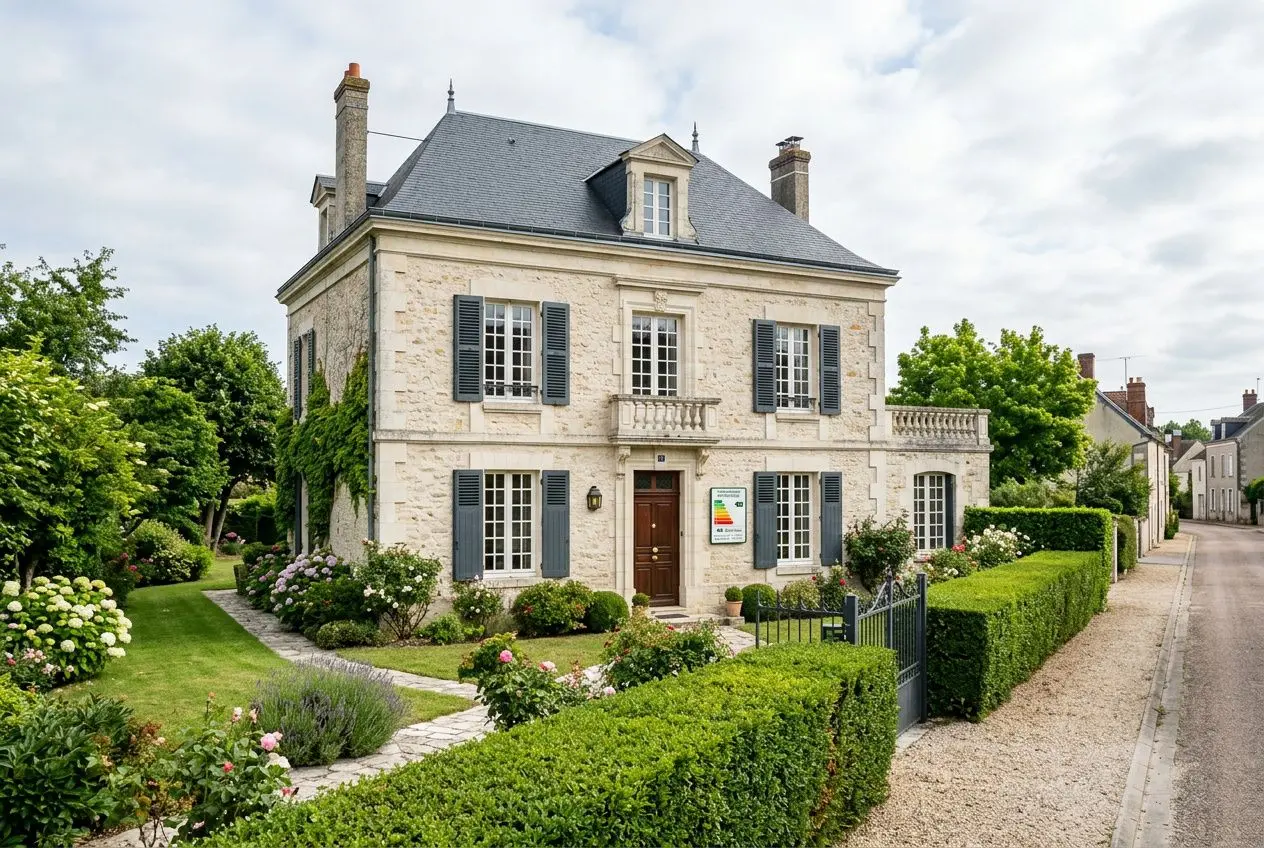 Belle maison de style traditionnel en pierre avec volets bleus, jardin soigné et pancarte DPE présente près de l’entrée. dpe maison 100m2