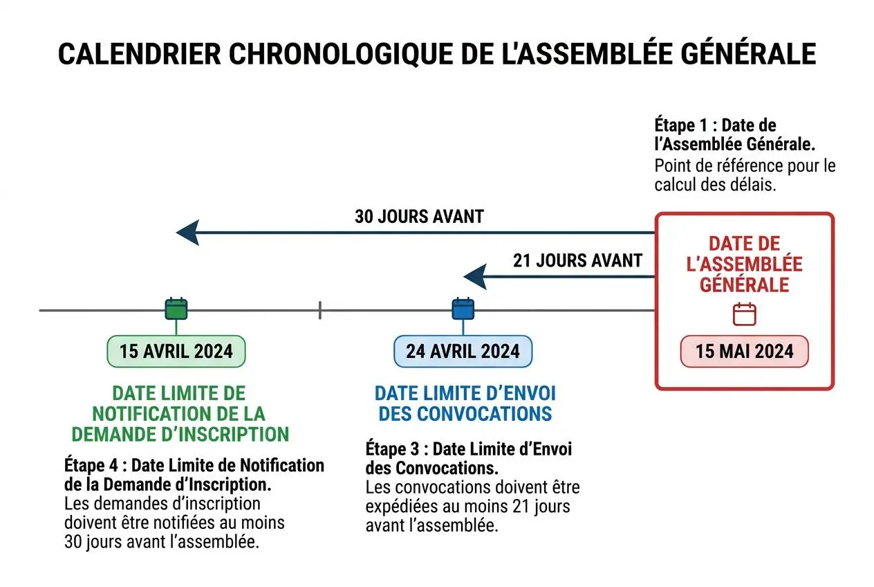 Calendrier chronologique de l’assemblée générale : étapes et dates clé pour inscription et convocations dans une copropriété. Inscription ordre du jour assemblée générale copropriété.