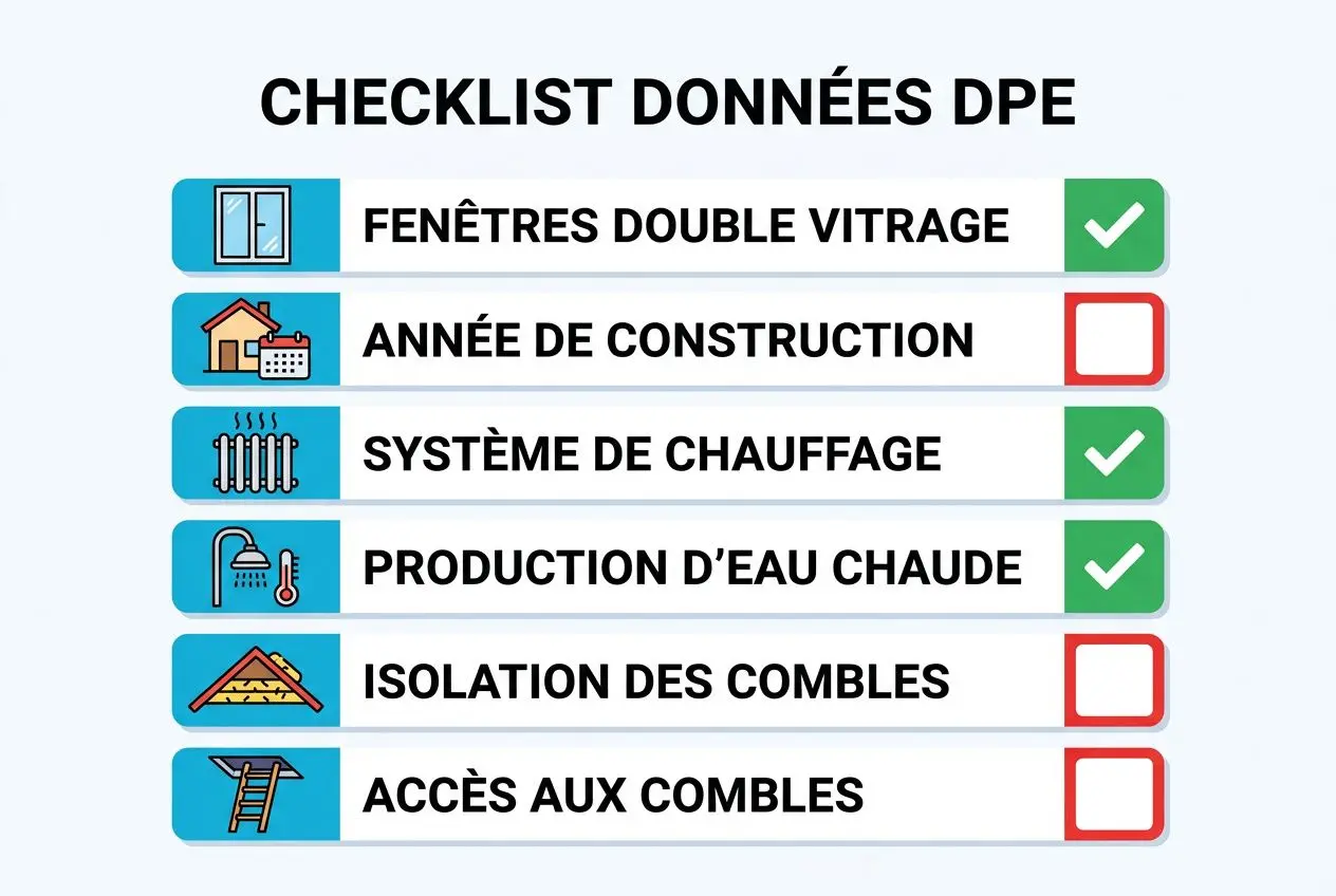 Checklist DPE affichant des éléments: fenêtres double vitrage, système de chauffage et production d’eau chaude validés; isolation et accès aux combles non notés. intégrant le mot-clé: améliorer son dpe sans faire de travaux? Include seamlessly: "améliorer son DPE sans faire de travaux" as natural phrase. but must be ALT text. Let's craft: "Checklist DPE avec icônes: fenêtres double vitrage et système de chauffage cochés, production d’eau chaude également, isolation et accès aux combles non cochés; idée d’améliorer son DPE sans faire de travaux." Ensure under 125 chars. Let's count: "Checklist DPE avec icônes: fenêtres double vitrage et système de chauffage cochés, production d’eau chaude également, isolation et accès aux combles non cochés; idée d’améliorer son DPE sans faire de travaux." It's long maybe over 200. Need concise. Let's craft shorter: "Checklist DPE: fenêtres double vitrage et chauffage cochés, eau chaude ok; isolation et accès combles non cochés, améliorer son DPE sans faire de travaux." Check length ~180. Still long. Try: "Checklist DPE: fenêtres double vitrage et chauffage cochés; isolation et accès aux combles non cochés, améliorer son DPE sans faire de travaux." ~140. We need max 125. Let's shorten more: "Checklist DPE: double vitrage et chauffage cochés; isolation et combles non cochés, améliorer son DPE sans faire de travaux." Count approximate ~110. Let's finalize. Include the keyword naturally: "améliorer son DPE sans faire de travaux" already at end. Good. Checklist DPE: double vitrage et chauffage cochés; isolation et combles non cochés, améliorer son DPE sans faire de travaux.