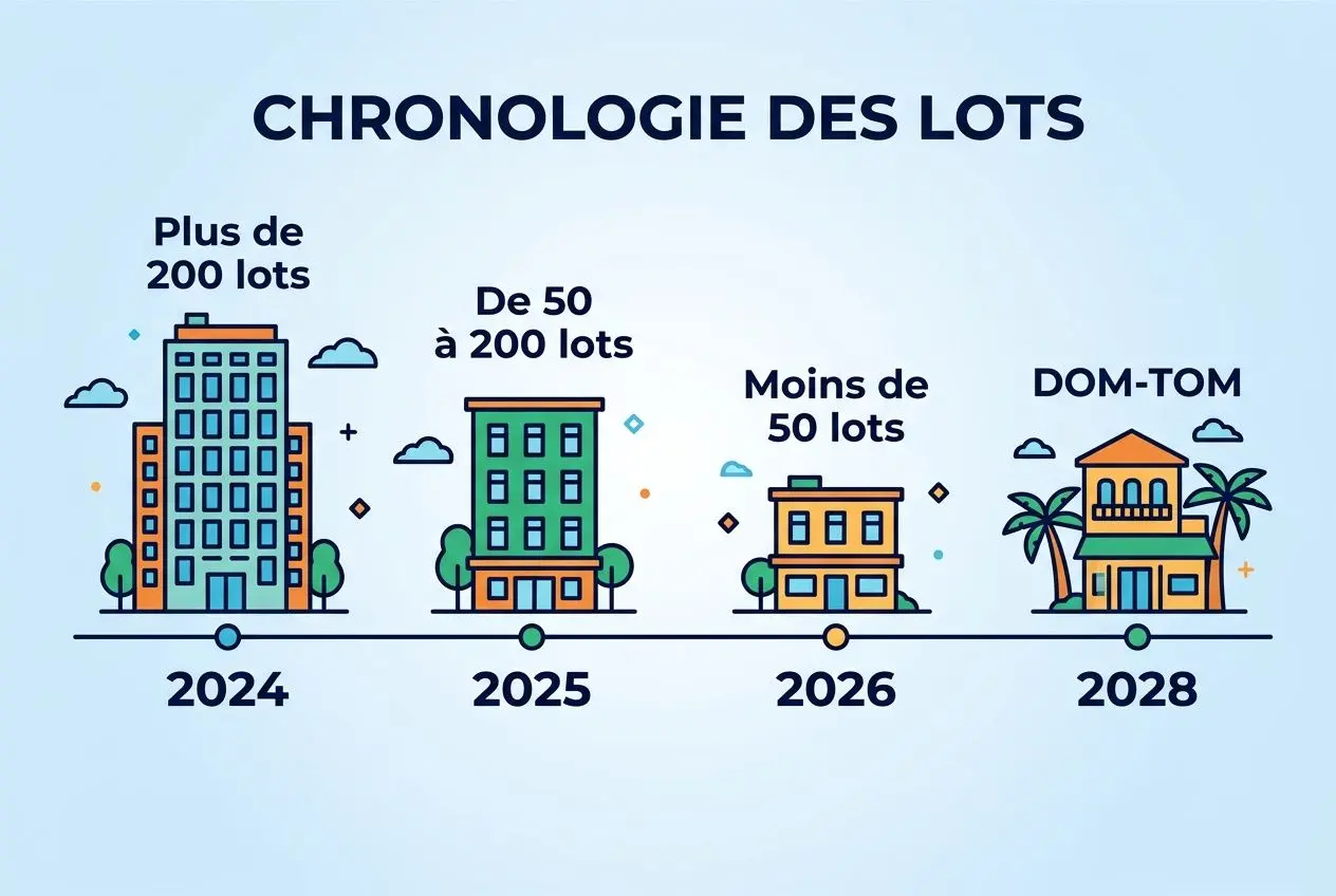 Chronologie des lots immobiliers: progression visuelle avec immeubles représentant 2024 (plus de 200 lots), 2025 (50 à 200), 2026 (moins de 50), et 2028 (DOM-TOM), sur fond bleu clair. dpe collectif immeuble mixte intégrable si possible dans contexte.
