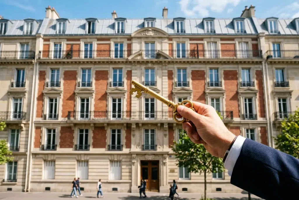 Clé en main devant un immeuble de copropriété, une main en costume tient une clé ancienne pour symboliser les primes CEE copropriété et les travaux.