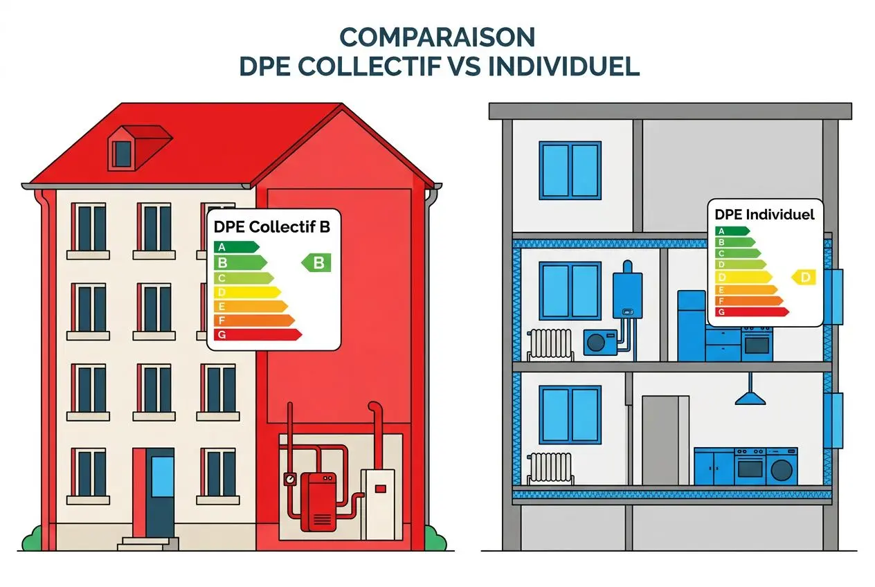 Comparaison DPE collectif vs individuel montrant un immeuble avec label énergie et un logement individuel affichant DPE, concept de qu'est-ce qu'un dpe individuel.