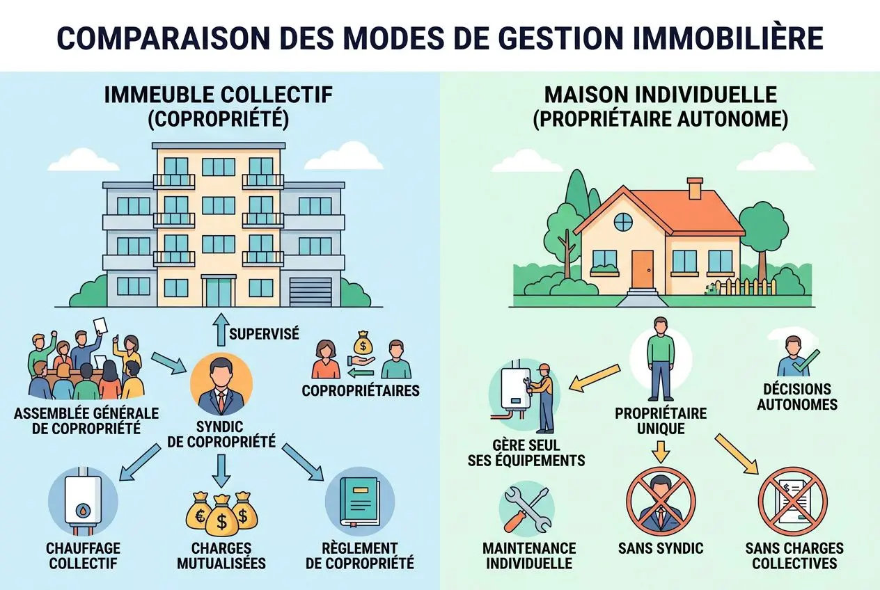 Comparaison des modes de gestion immobilière: immeuble collectif (copropriété) vs maison individuelle (propriétaire autonome), avec copropriétaires, syndic et réglementations, et décisions sans syndic ou charges. Différence entre logements collectifs et individuels abordée.