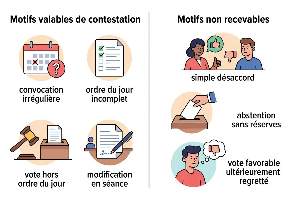 Contestation ordre du jour assemblée générale copropriété : image illustrant motifs valables (convocation irrégulière, ordre du jour incomplet, vote hors ordre du jour, modification en séance) et motifs non recevables (simple désaccord, abstention sans réserves, vote ultérieurement regretté).