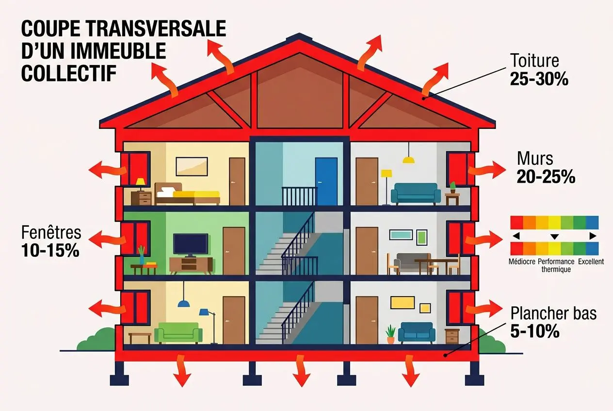Coupe transversale d’un immeuble collectif avec distribution des postes énergétiques et répartition des déperditions (toiture, murs, fenêtres, plancher bas) et indicateur de performance thermique. intégré: "comment améliorer son dpe en copropriété" naturellement.