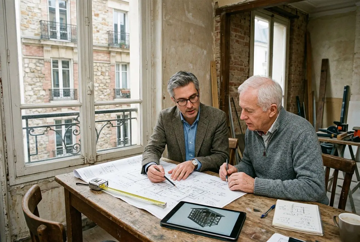 Deux hommes âgés travaillent ensemble sur des plans dans une pièce en travaux; l’un montre des documents pendant que l’autre prend des notes, avec une tablette et outils sur la table. Plan travaux copropriété étapes pratiques.