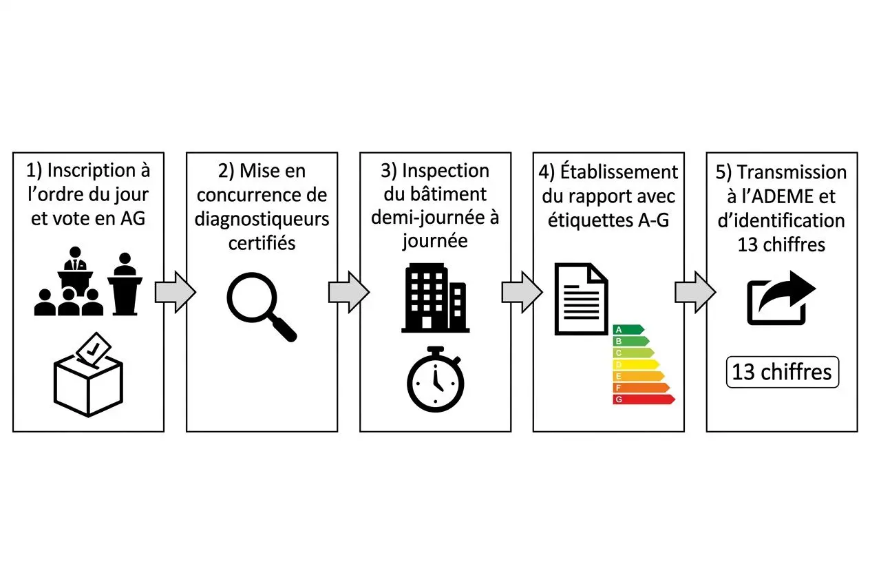 Diagramme pas à pas du DPE immeuble : inscription, diagnostic certifié, inspection du bâtiment, étiquettes A-G et transmission finale (13 chiffres)