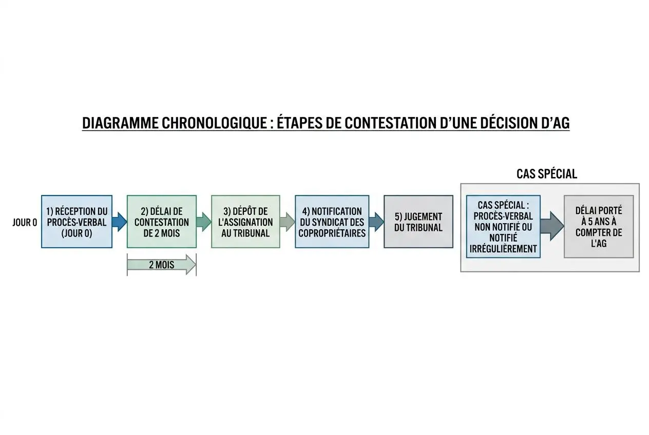 Diagramme chronologique des étapes de contestation d’une décision d’AG, illustrant les délais et recours en contestation de l’ordre du jour assemblée générale copropriété.