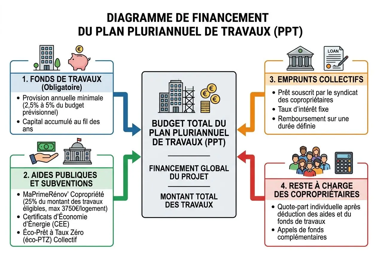 Diagramme de financement du plan pluriannuel de travaux (PPT) montrant fonds de travaux, aides publiques, emprunts collectifs et reste à charge des copropriétaires, avec budget total et financement global du projet. Plan travaux copropriété étapes pratiques intégrant financement et vote en AG.
