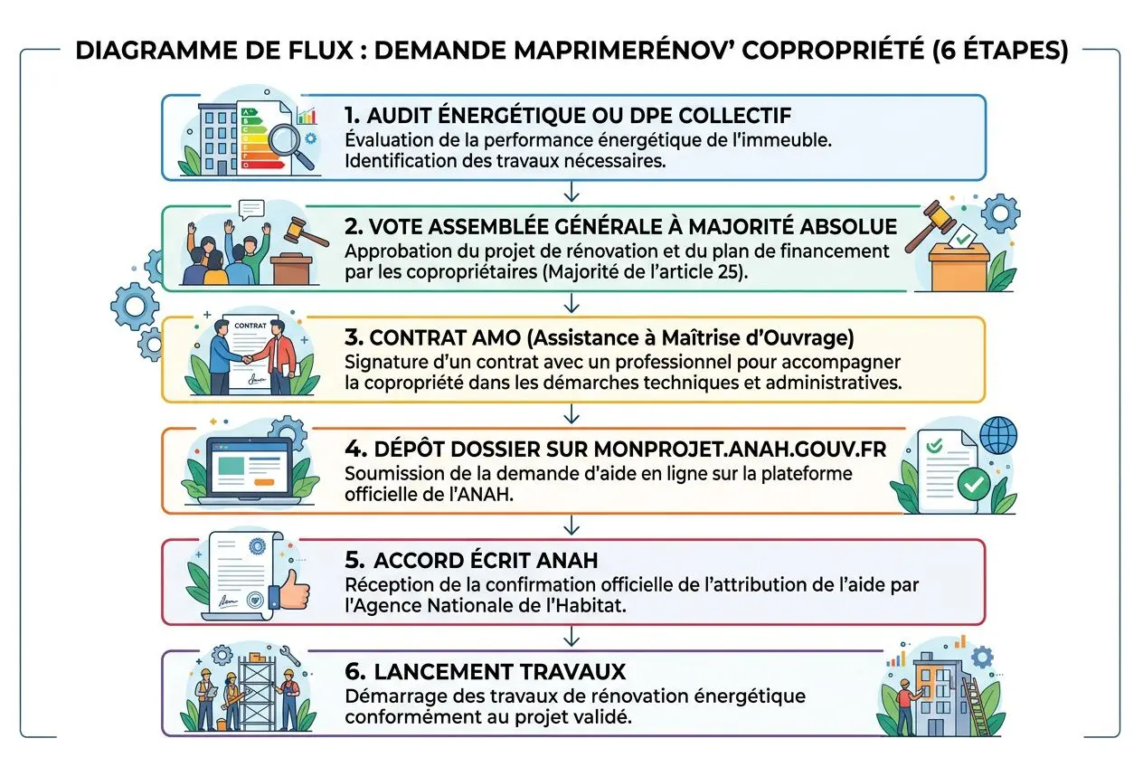 Diagramme de flux des demandes MaPrimeRénov’ copropriété en 6 étapes, de l’audit à la mise en œuvre des travaux. MaPrimeRénov'copropriété inclus.
