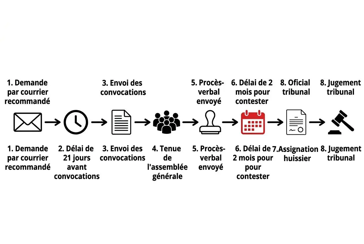 Diagramme illustrant les étapes de contestation de l’ordre du jour d’une assemblée générale de copropriété, de la demande par courrier recommandé à la contestation au tribunal.