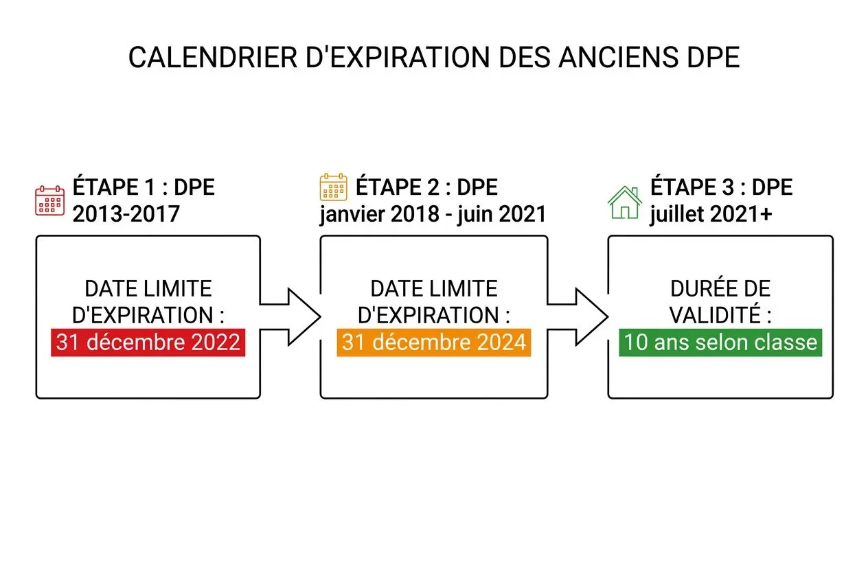 Diagramme montrant l’expiration des anciens DPE et la durée de validité du DPE collectif en copropriété, avec dates clés: 31 décembre 2022 puis 31 décembre 2024 et une durée de validité de 10 ans selon la classe. intégration du mot-clé: dpe collectif durée de validité.