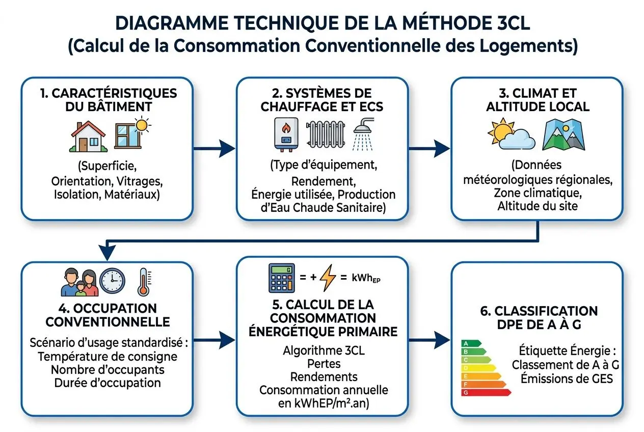 Diagramme technique de la méthode 3CL pour le DPE, flux de caractéristiques du bâtiment, systèmes de chauffage, climat et occupation, jusqu’à la classification DPE de A à G, avec étiquette énergie et émissions de GES sur la droite. Inclut le calcul de consommation énergétique et les seuils. tableau dpe 2025 intégré.