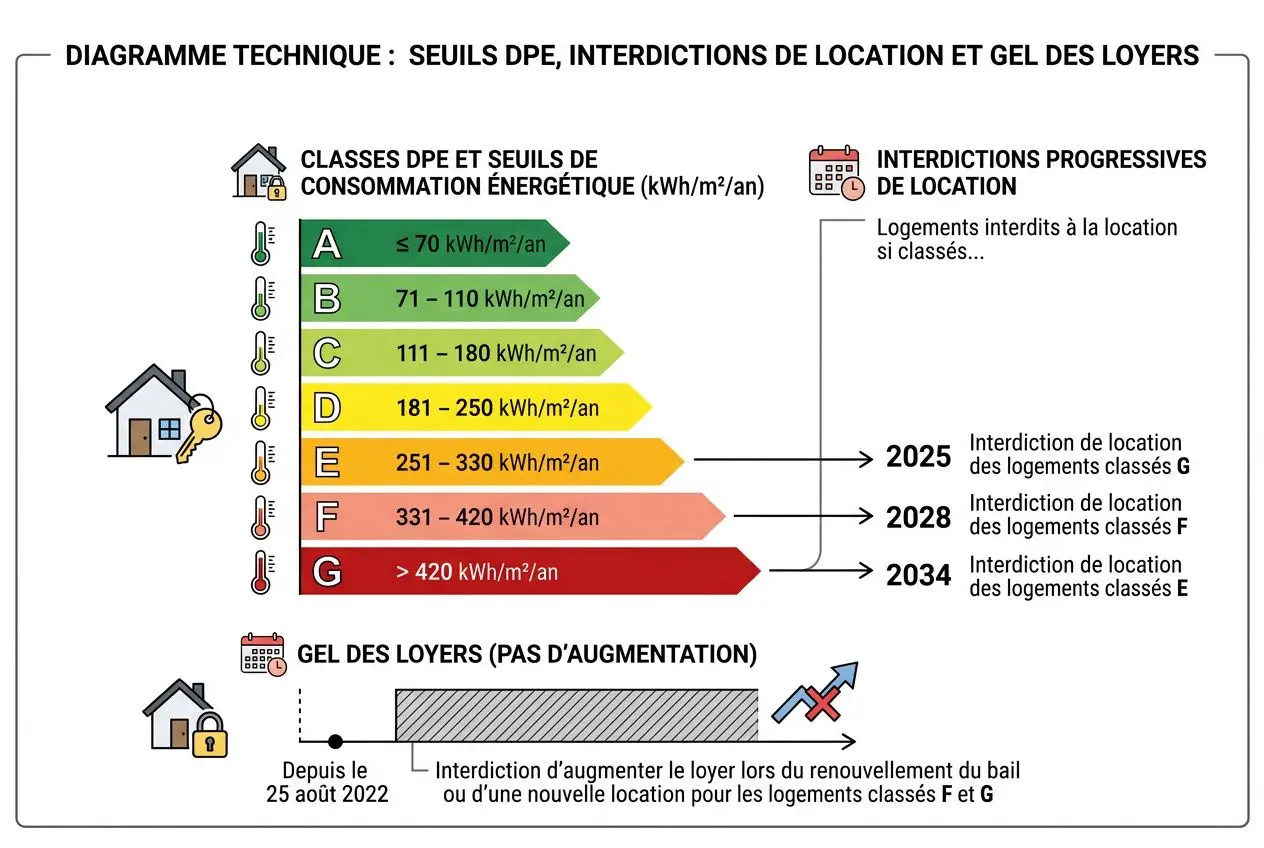 Diagramme technique sur les seuils DPE et interdictions de location; focus sur le DPE locataire en place et les obligations de bailleur en bail en cours.