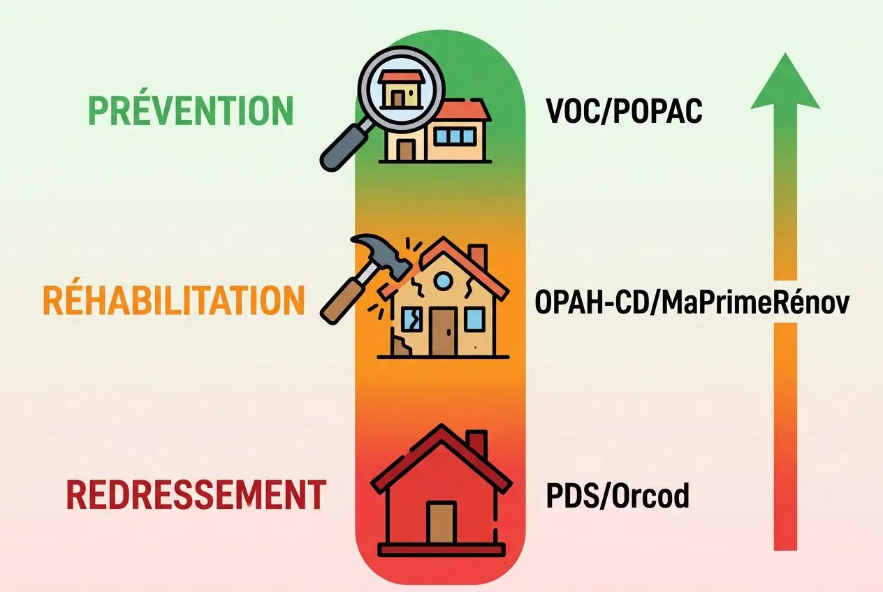 Diagramme vertical illustrant les étapes de prévention, réhabilitation et redressement des copropriétés, avec labels VOC/POPAC, OPAH-CD/MaPrimeRénov, PDS/Orcod et une flèche indicatrice. Inclut les mots-clés anah copropriété dégradée de façon naturelle.
