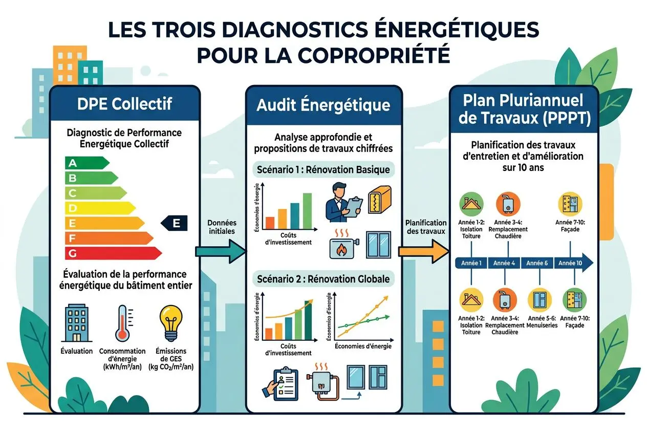 Différences entre DPE collectif, audit et PPPT