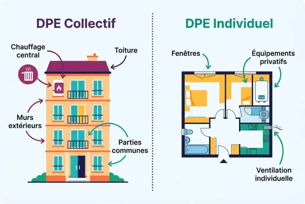 DPE immeuble qu'est ce que c'est : illustration montrant DPE collectif et DPE individuel d’un bâtiment, avec parties communes et installations actives.