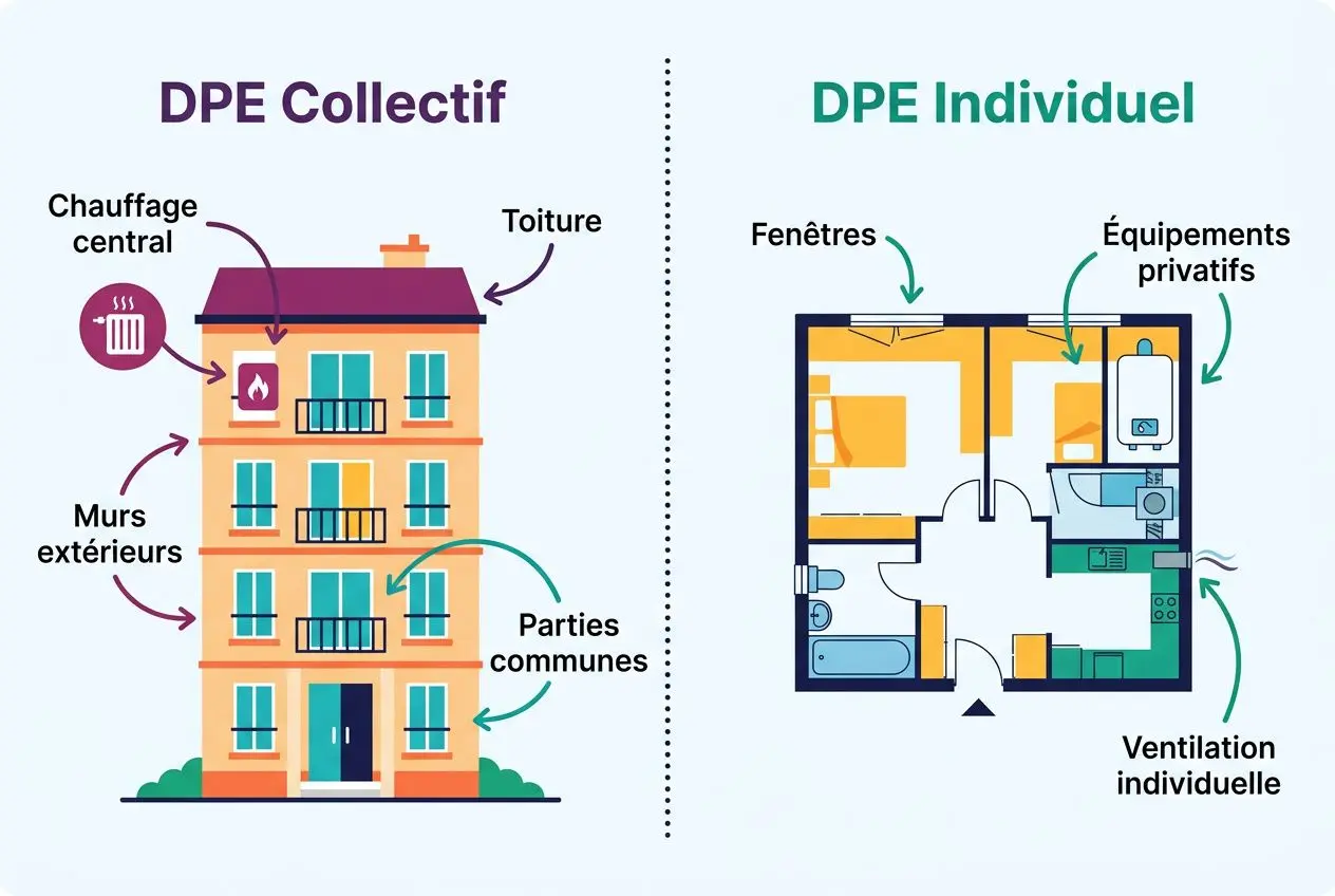 DPE immeuble qu'est ce que c'est : illustration montrant DPE collectif et DPE individuel d’un bâtiment, avec parties communes et installations actives.