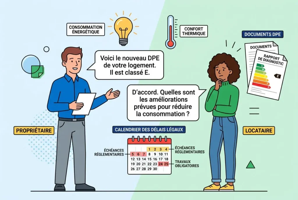 DPE locataire en place: un propriétaire et un locataire discutent autour d’un nouveau DPE de logement classé E, avec documents et calendrier des délais légaux.