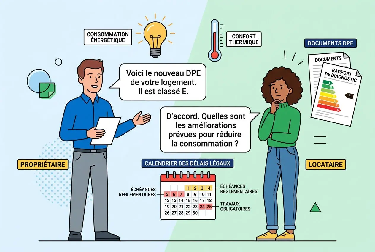 DPE locataire en place: un propriétaire et un locataire discutent autour d’un nouveau DPE de logement classé E, avec documents et calendrier des délais légaux.