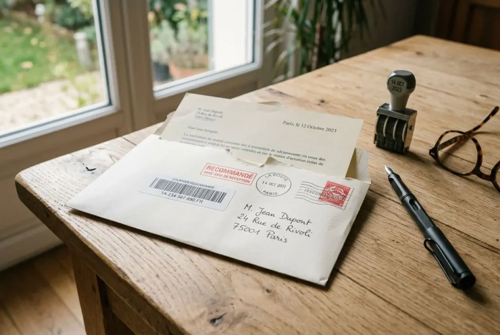 Enveloppe et feuilles manuscrites sur un bureau en bois près d’une fenêtre, avec un timbre, une loupe et un stylo, évoquant l’inscription à l’ordre du jour.