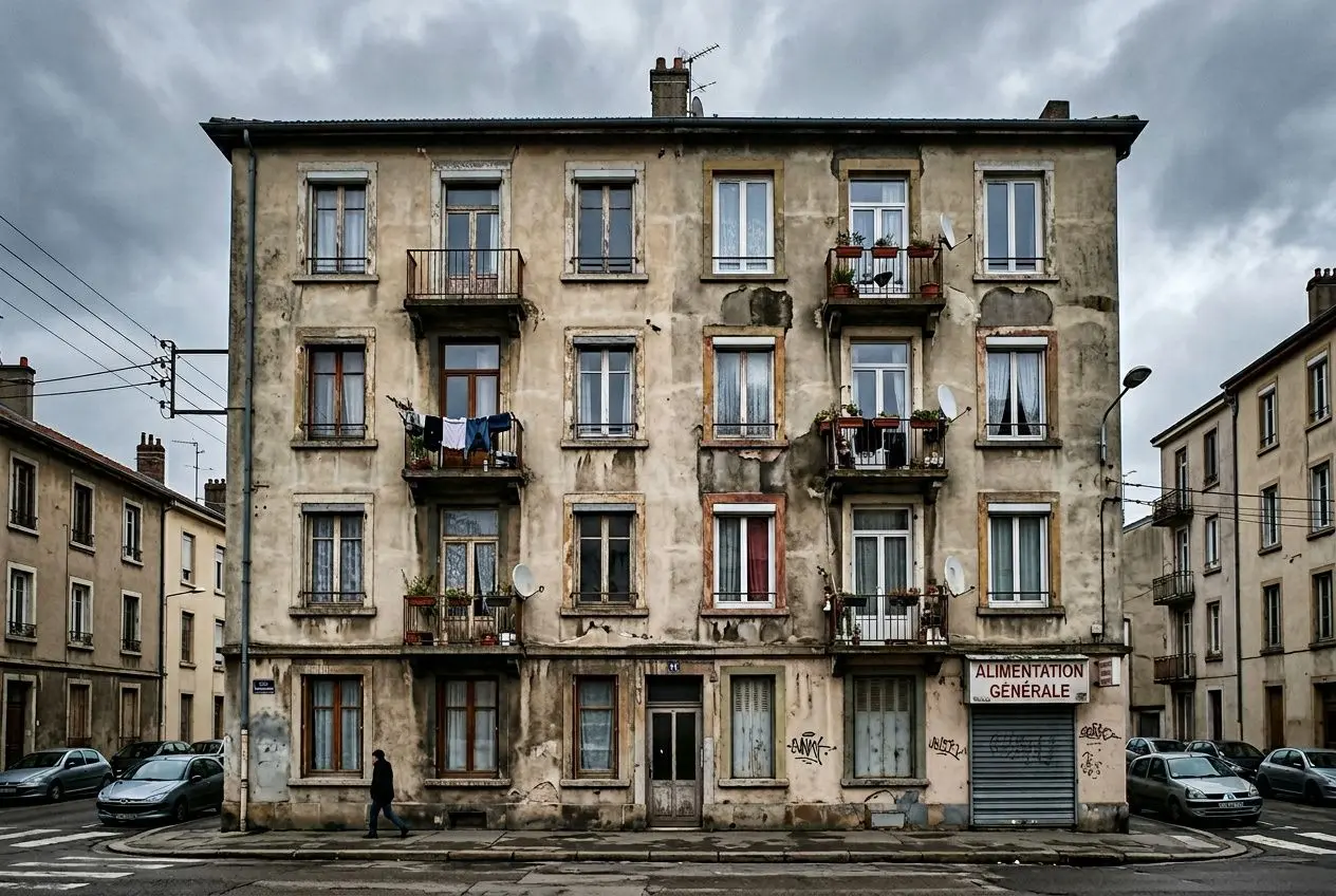 Facade d’immeuble ancien, with windows and balcons, façade usée et labels, rue et voitures autour. DPE immeuble qu'est ce que c'est—description de l’immeuble collectif.