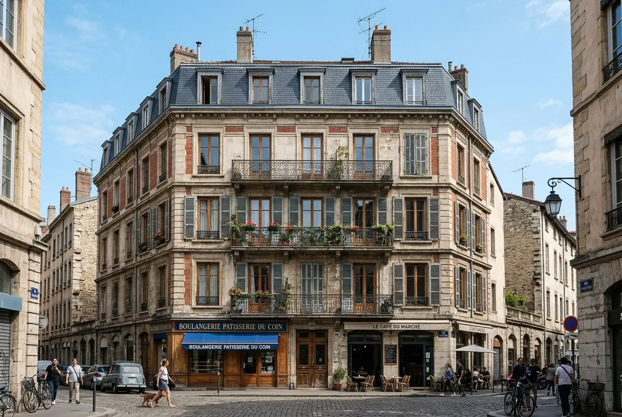 Facade d’immeuble haussmannien en pierre, balconnières et commerces au rez-de-chaussée, rue pavée typique, ambiance parisienne. MaPrimeRénov'copropriété évoqué.