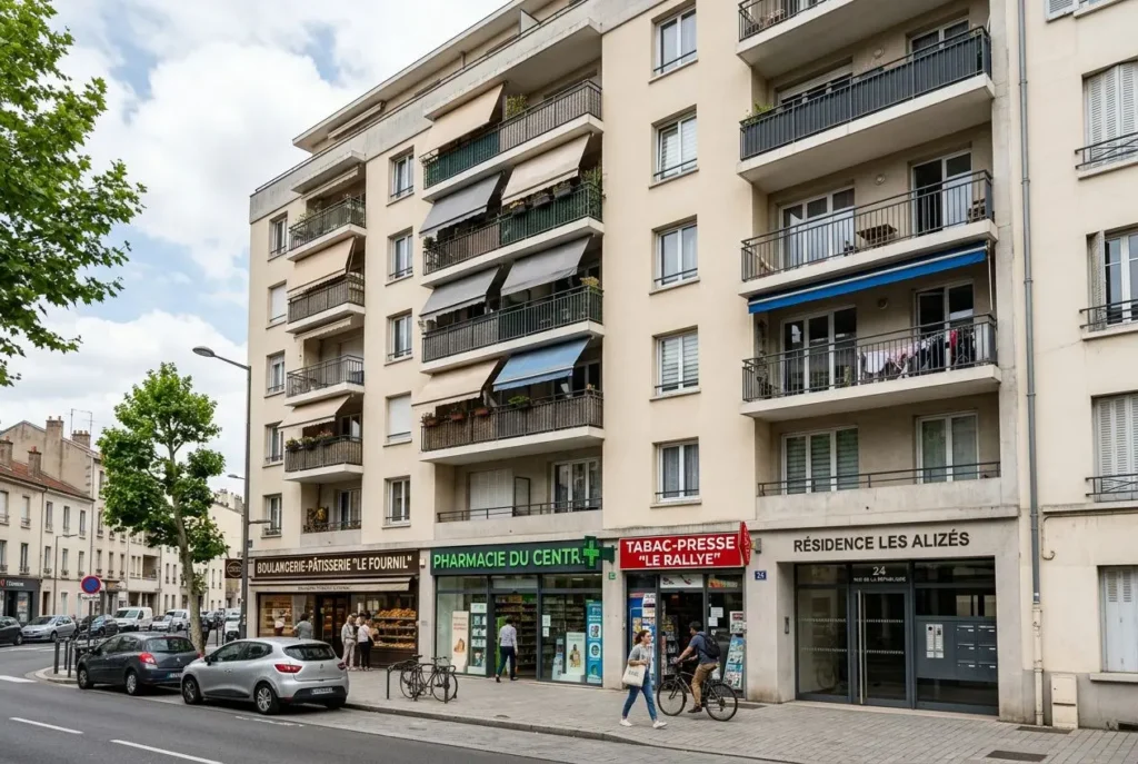 Façade d’immeuble mixte en immeuble collectif avec commerces au rez-de-chaussée et balcons; vue de la rue avec voitures et passants. Différence entre logements collectifs et individuels mentionnée.