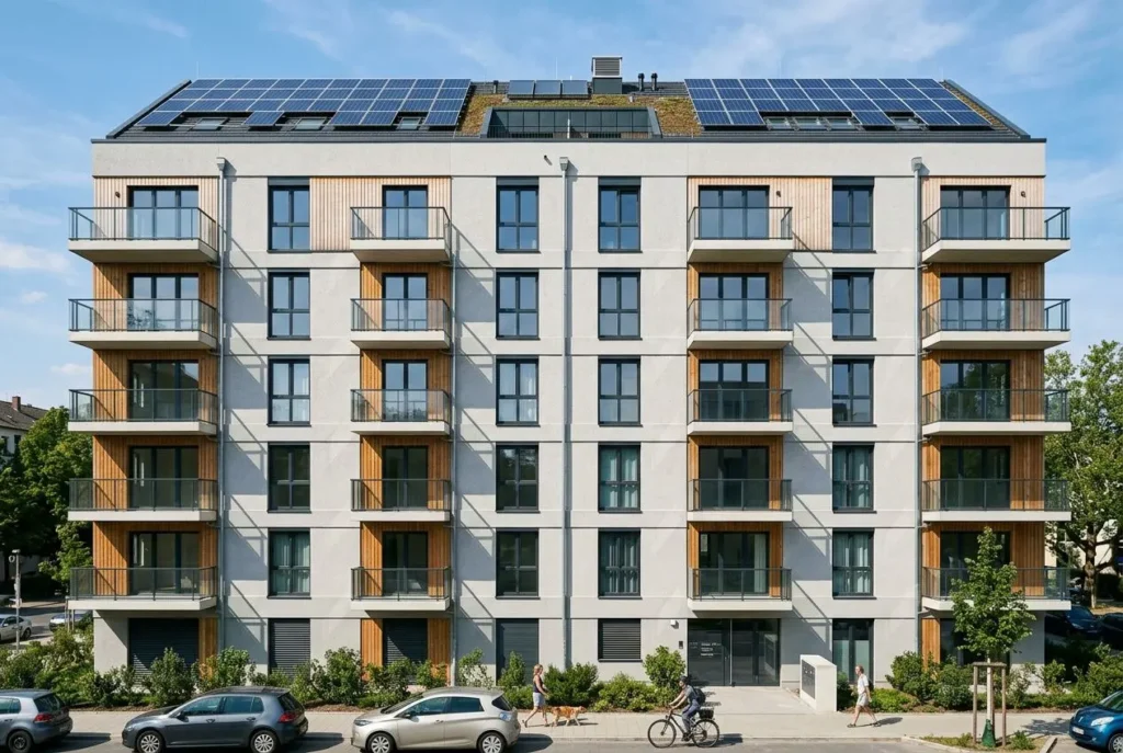 Façade d’immeuble moderne à 5 étages avec balcons, panneaux solaires sur le toit et voitures devant; contexte copropriété. dpe immeuble c est quoi