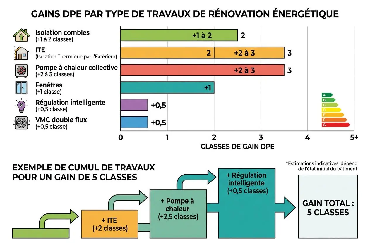 Gains DPE par type de travaux: isolation combles, ITE, pompe à chaleur, fenêtres, régulation intelligente et VMC double flux. Barres colorées indiquent les classes de gain DPE; exemple de cumul montre 5 classes totales avec +ITE, + Pompe à chaleur, +Régulation intelligente.