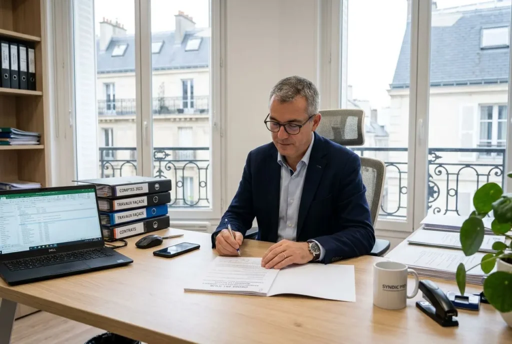 Homme en chemise et blazer écrit sur des documents à un bureau, avec ordinateur portable et livres de droit, mug et plantes sur le côté. Contenu lié à la contestation ordre du jour assemblée générale copropriété.