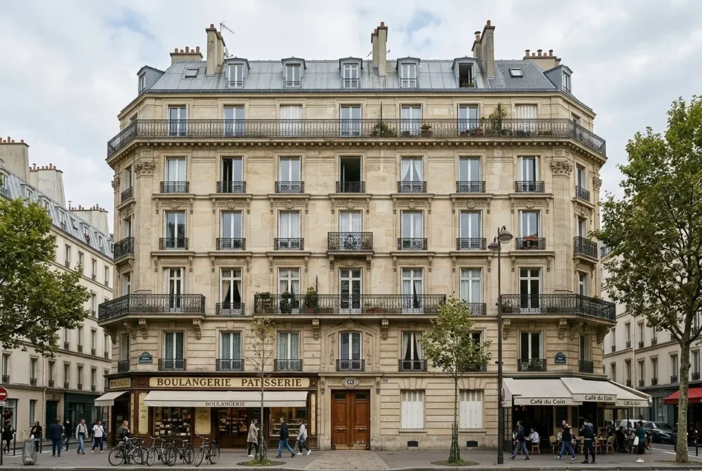 Hôtel parisien classique à façade en pierre, commerces au rez-de-chaussée et balcons sur plusieurs étages, arbres et passants. intégré : travaux obligatoire copropriété.