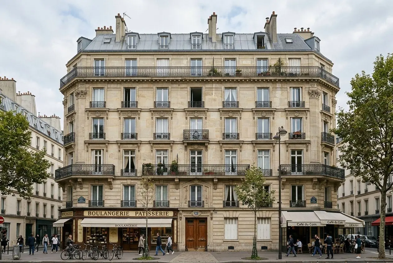 Hôtel parisien classique à façade en pierre, commerces au rez-de-chaussée et balcons sur plusieurs étages, arbres et passants. intégré : travaux obligatoire copropriété.
