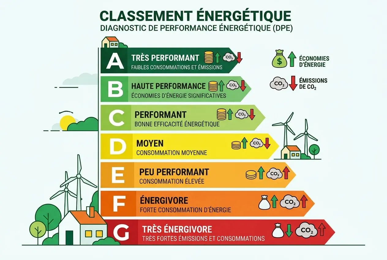 Illustration du classement énergétique (DPE) montrant les niveaux A à G avec étiquettes et pictogrammes, exemplifiant le DPE immeuble c est quoi dans une copropriété.