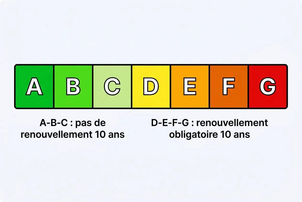 Illustration d’un étiquette DPE avec les lettres A à G; A-B-C indique pas de renouvellement 10 ans, D-E-F-G indique renouvellement obligatoire tous les 10 ans.