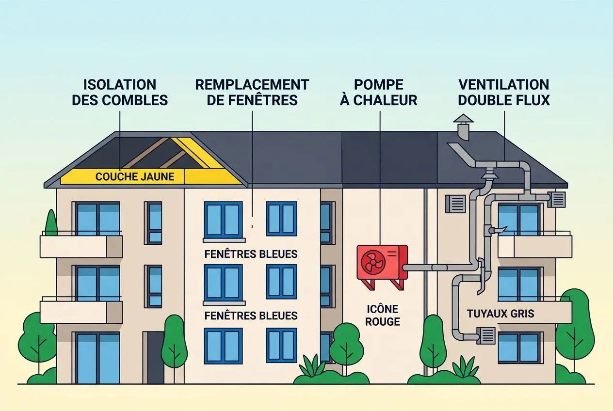 Illustration d'un immeuble de copropriété avec étiquette CEE et systèmes de rénovation indiqués, prêt à financer des travaux. cee copropriété et isolation des combles au premier plan.