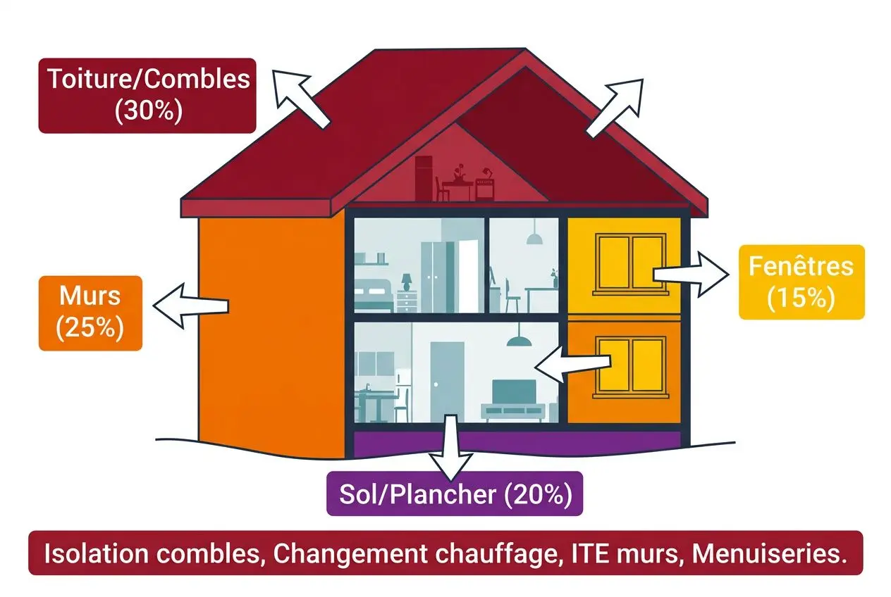 Illustration d’une maison avec répartitions énergétiques: toitures et combles 30%, murs 25%, sols/planchers 20%, fenêtres 15%; mentionnant isolation, chauffage, ITÉ murs et menuiseries. DPE collectif rénovation immeuble copropriété.