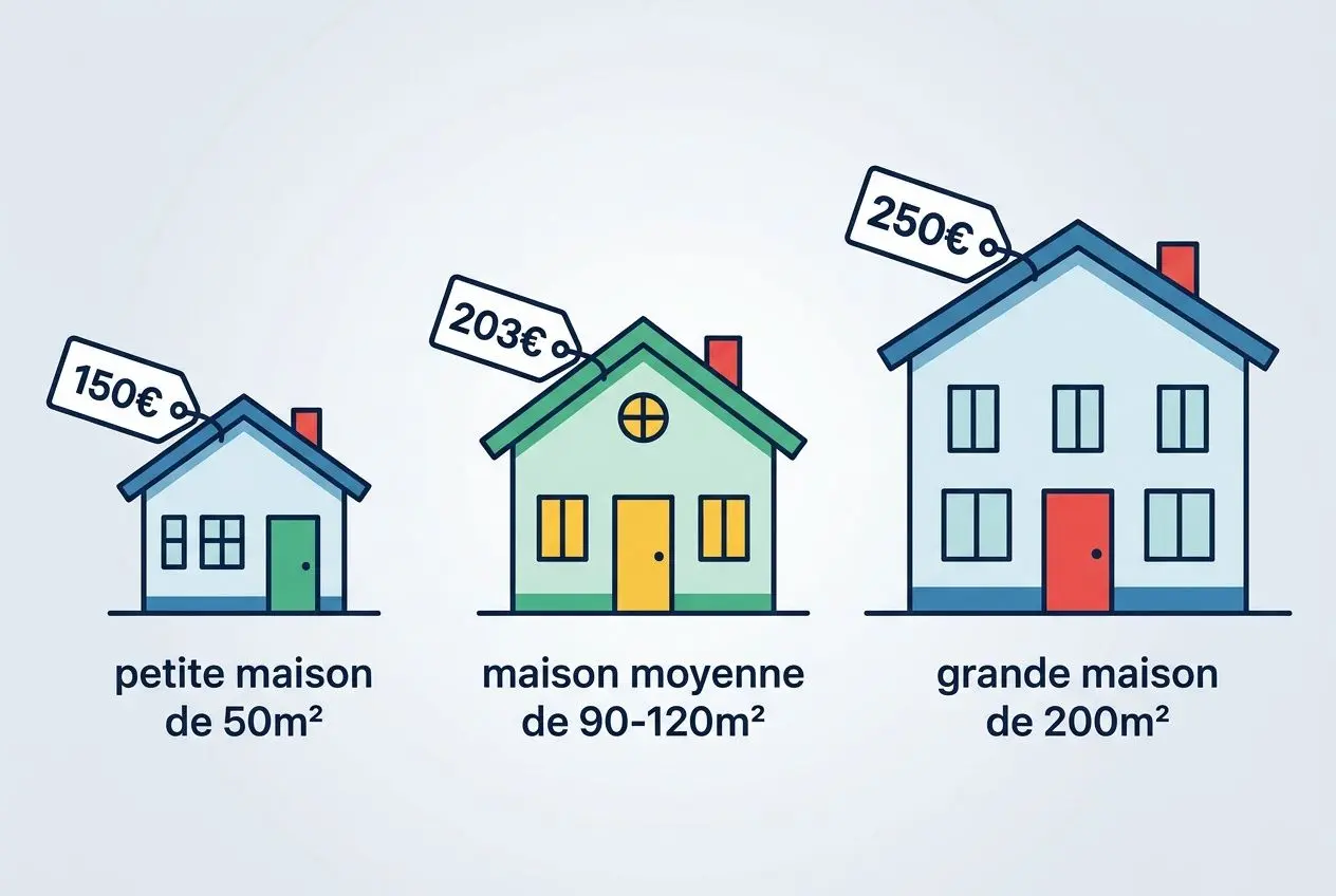 Illustration montrant trois maisons avec des étiquettes de prix: petite maison 50m² à 150€, maison moyenne 90–120m² à 203€, grande maison 200m² à 250€, représentant le DPE maison ancienne et les coûts.