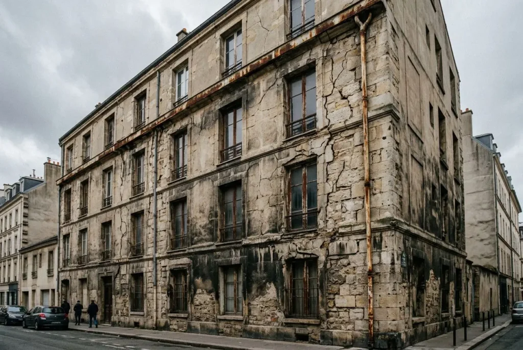 Immeuble ancien en façade fissurée et dégradée, murs endommagés, rideaux métalliques aux baies, quartier urbain. anah copropriété dégradée (intègré naturellement).