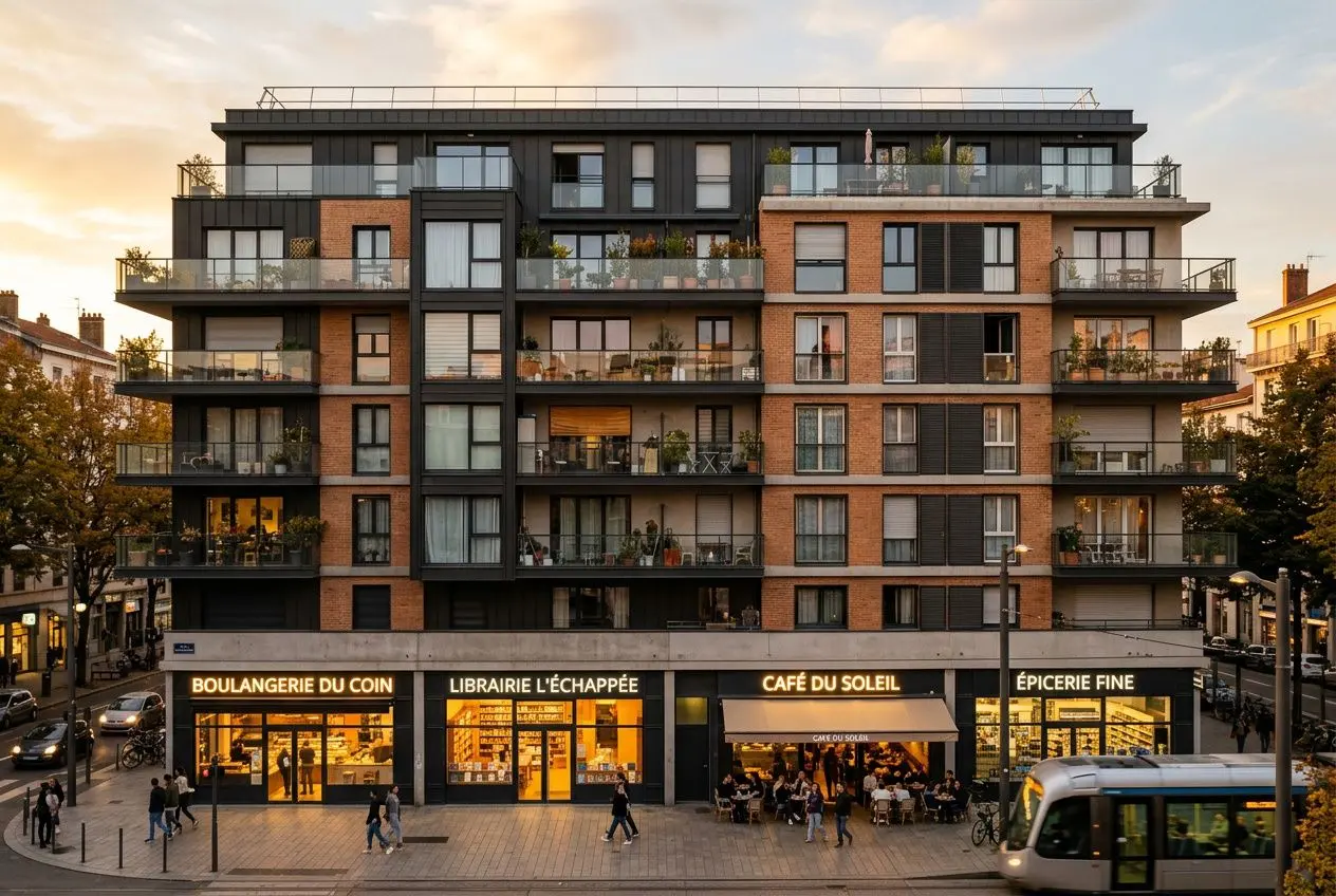 Immeuble mixte moderne à facades mixtes bois et gris avec commerces au rez‑de‑chaussée et balcons, rue animée. dpe collectif immeuble mixte intégrable.